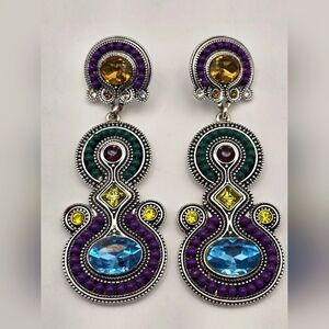 Vintage Silver  Drop Paisley Multicolor Crystal Drop Earrings